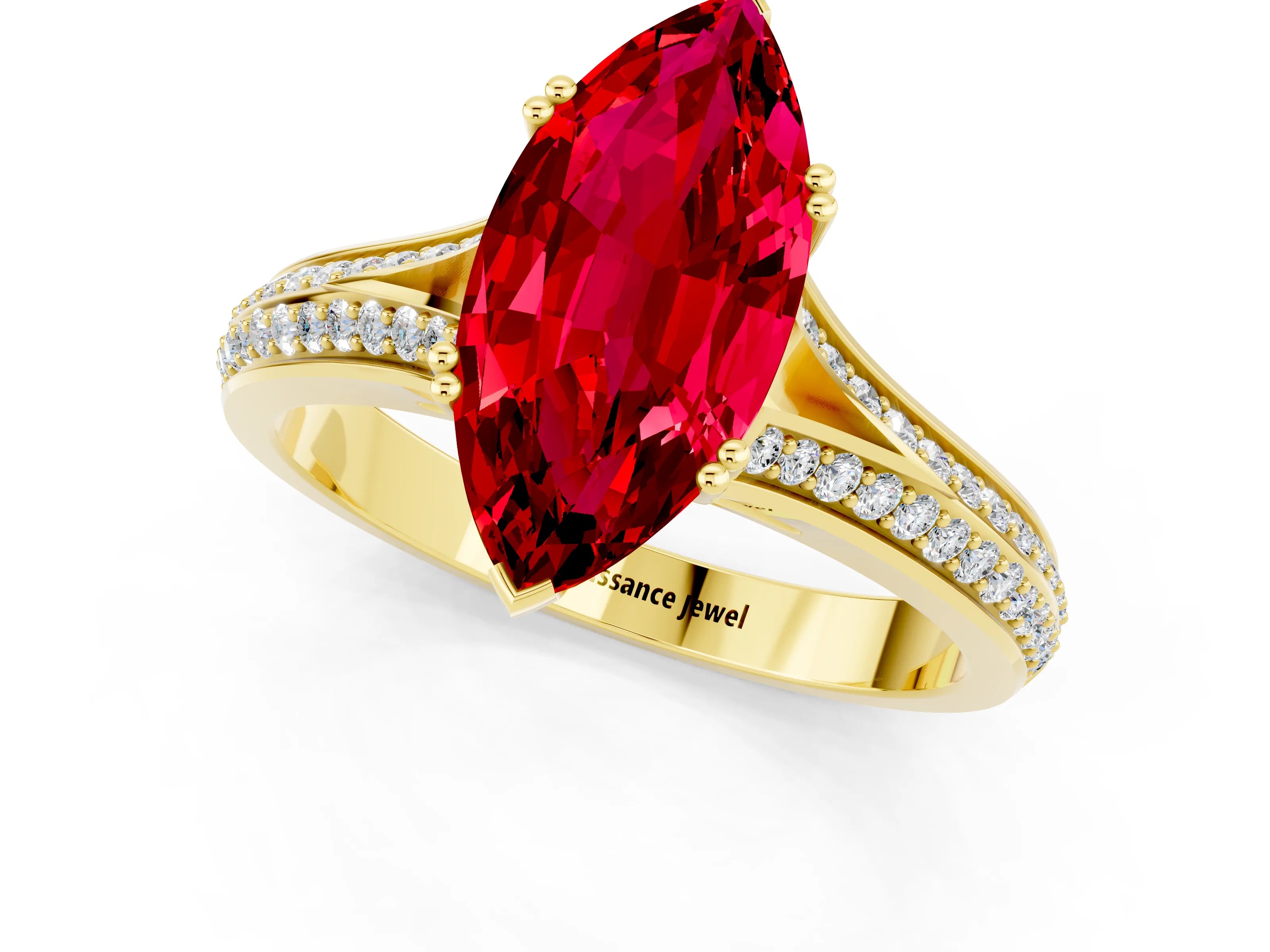 Yellow gold Marquise Cut Ruby Split Shank Engagement Ring with Pavé Band_1