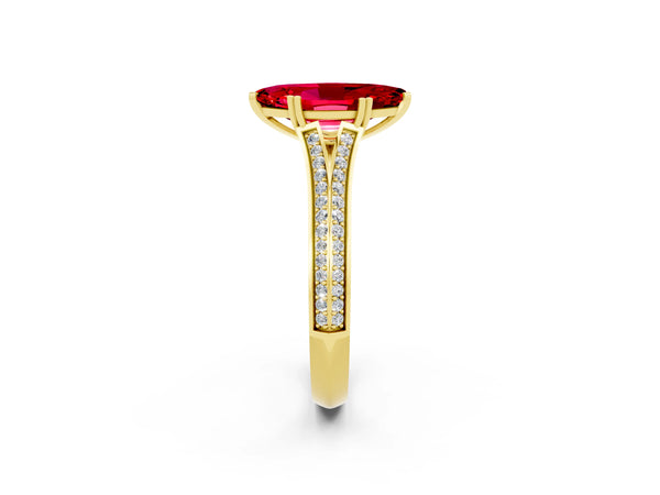 Yellow gold Marquise Cut Ruby Split Shank Engagement Ring with Pavé Band