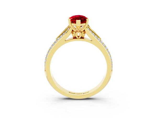 Yellow gold Marquise Cut Ruby Split Shank Engagement Ring with Pavé Band