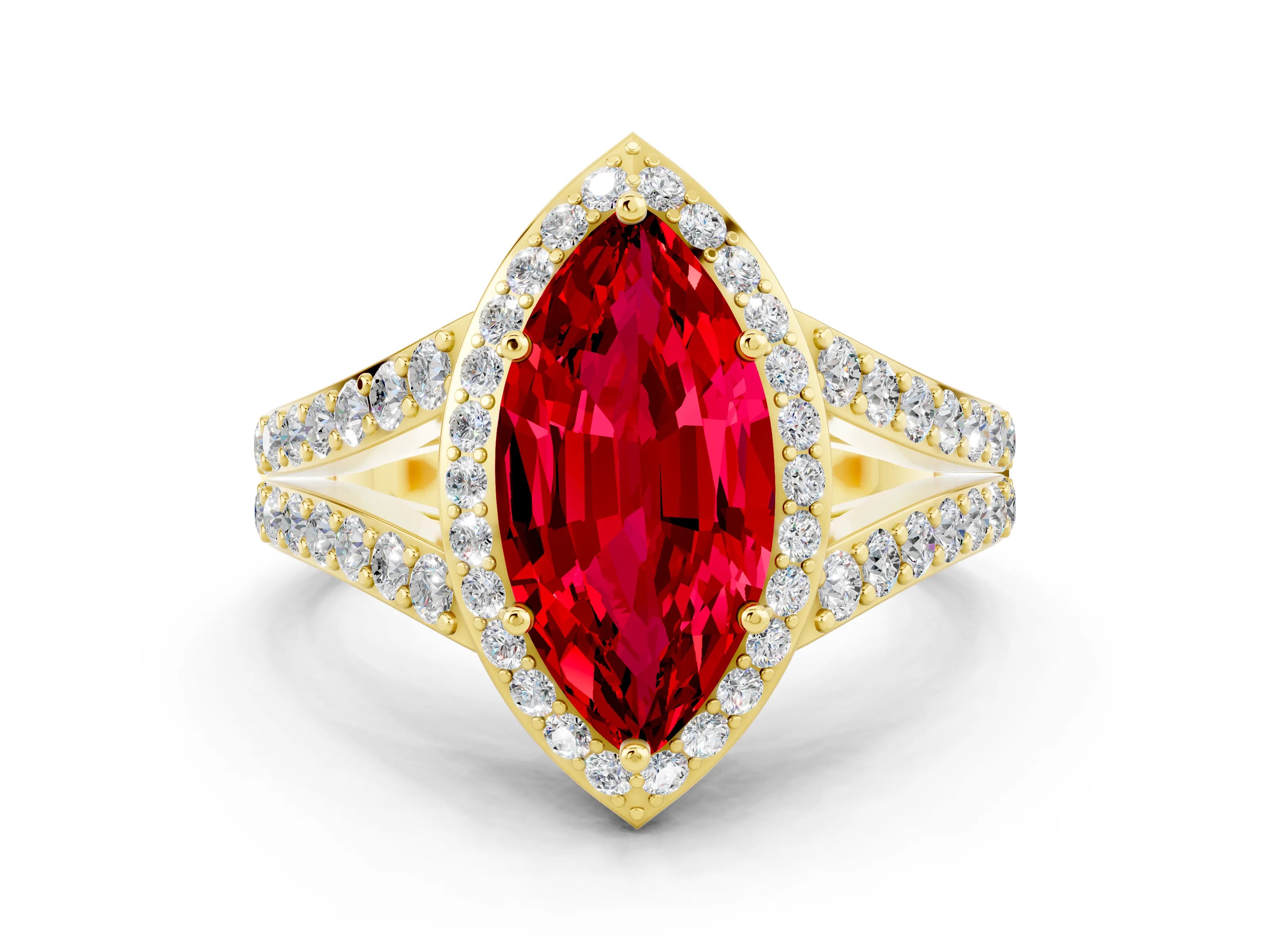 Yellow gold Marquise Cut Ruby Split Shank Halo Ring with Four-Prong Setting_12