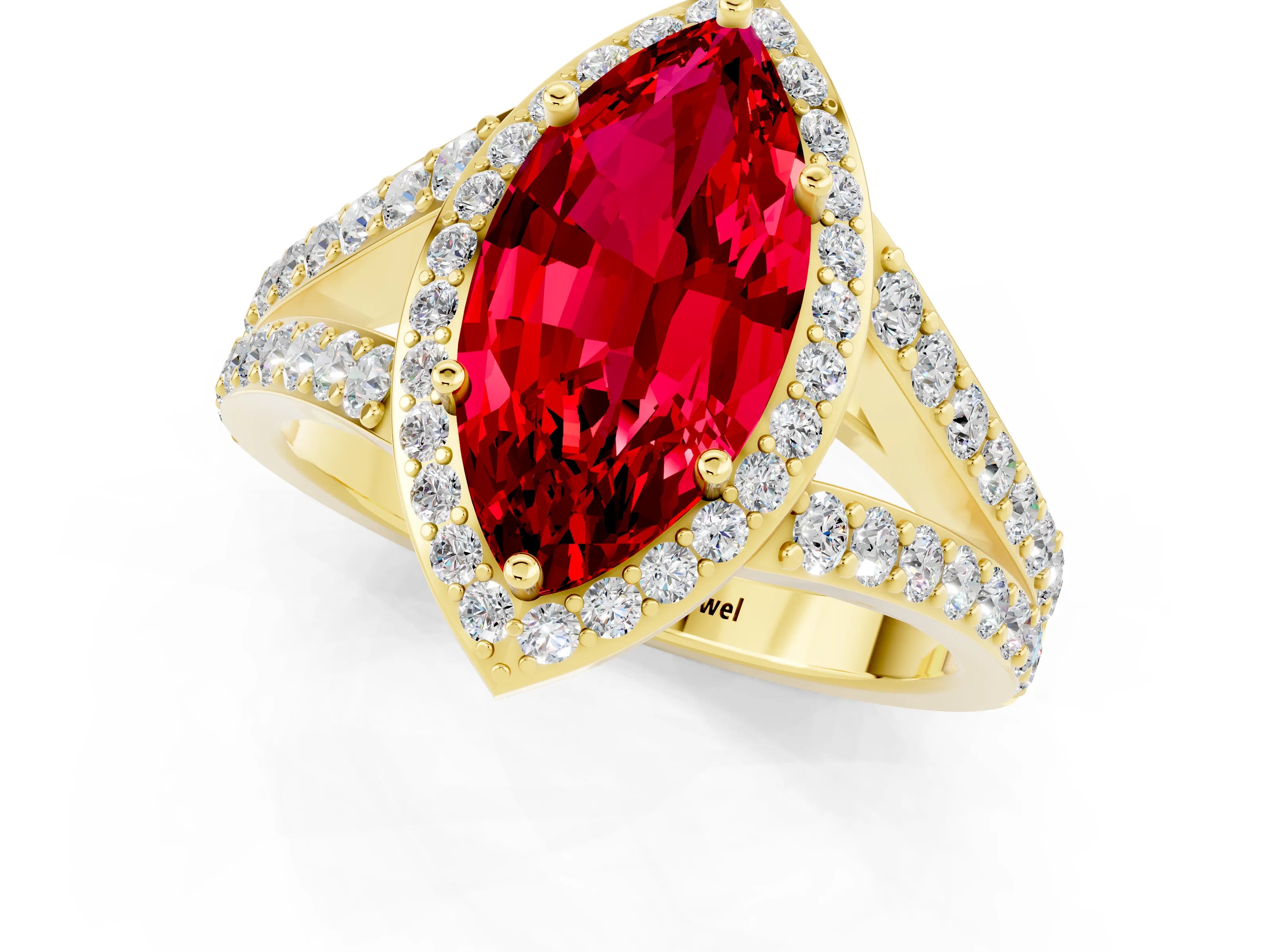 Yellow gold Marquise Cut Ruby Split Shank Halo Ring with Four-Prong Setting_13