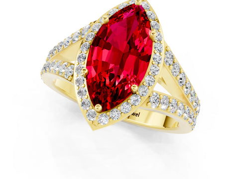 Yellow gold Marquise Cut Ruby Split Shank Halo Ring with Four-Prong Setting_13