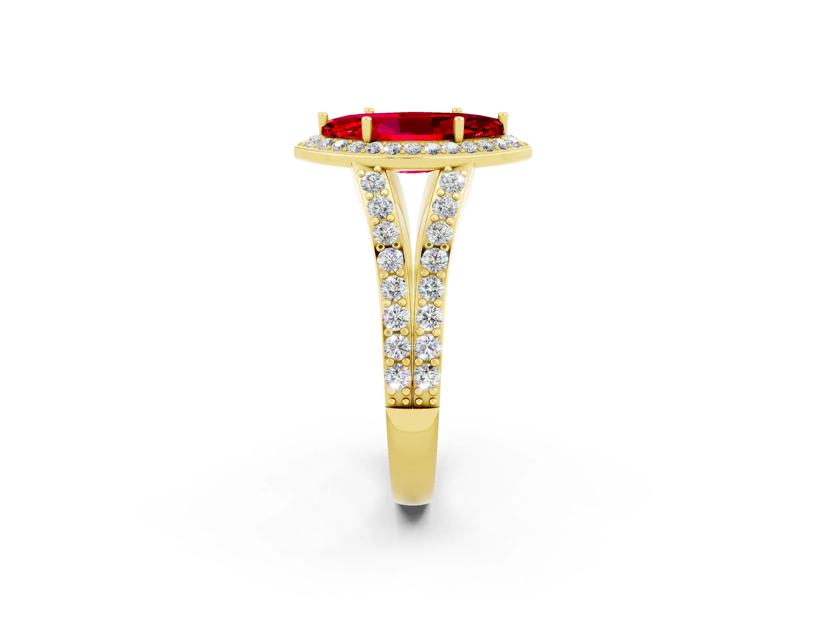 Yellow gold Marquise Cut Ruby Split Shank Halo Ring with Four-Prong Setting_14