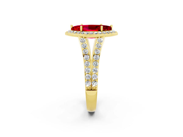 Yellow gold Marquise Cut Ruby Split Shank Halo Ring with Four-Prong Setting