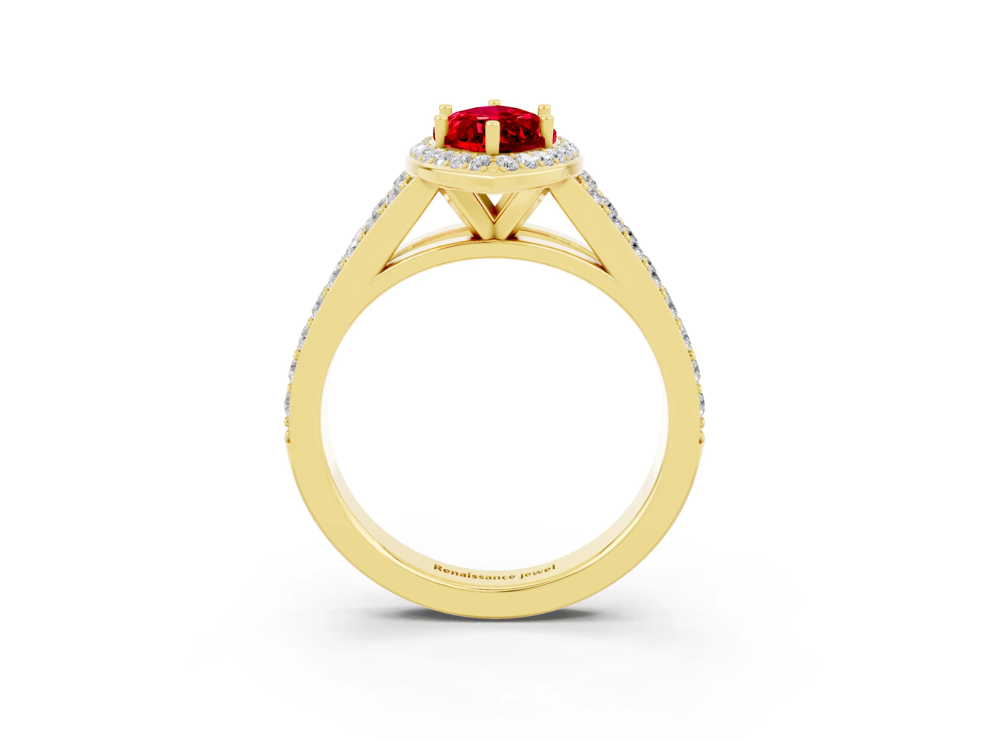 Yellow gold Marquise Cut Ruby Split Shank Halo Ring with Four-Prong Setting_15