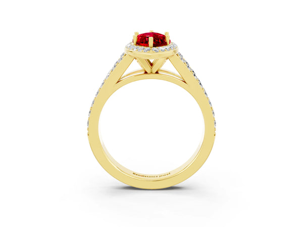 Yellow gold Marquise Cut Ruby Split Shank Halo Ring with Four-Prong Setting
