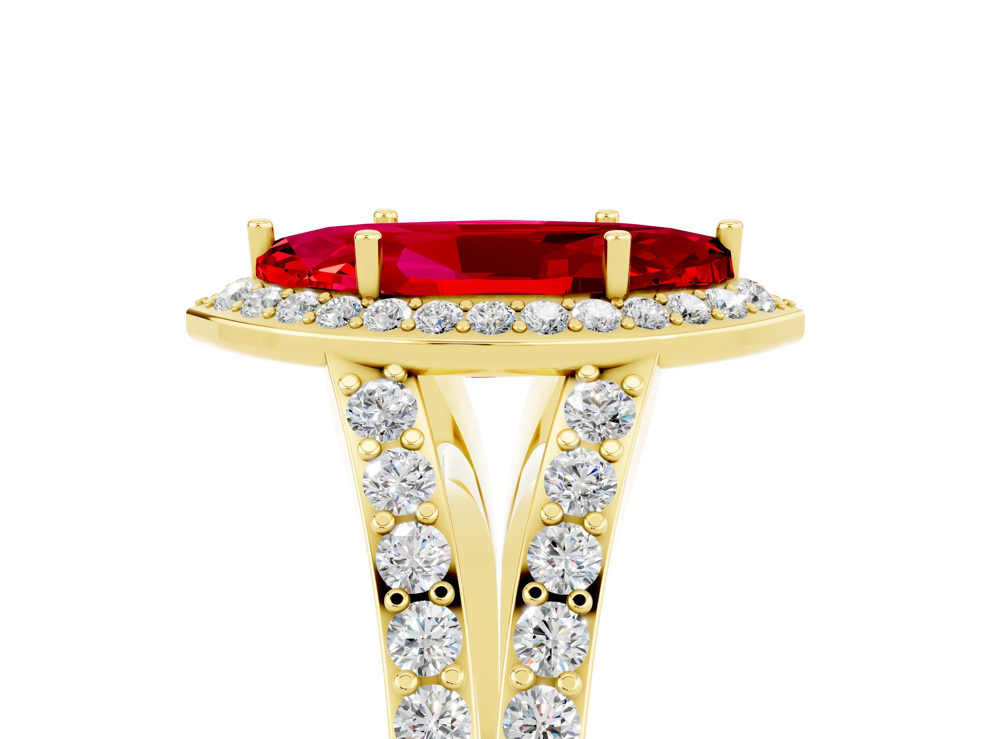 Yellow gold Marquise Cut Ruby Split Shank Halo Ring with Four-Prong Setting_17
