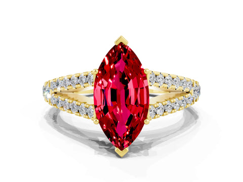 Yellow gold Marquise Cut Ruby Split Shank Pavé Engagement Ring with Four-Prong Setting_12