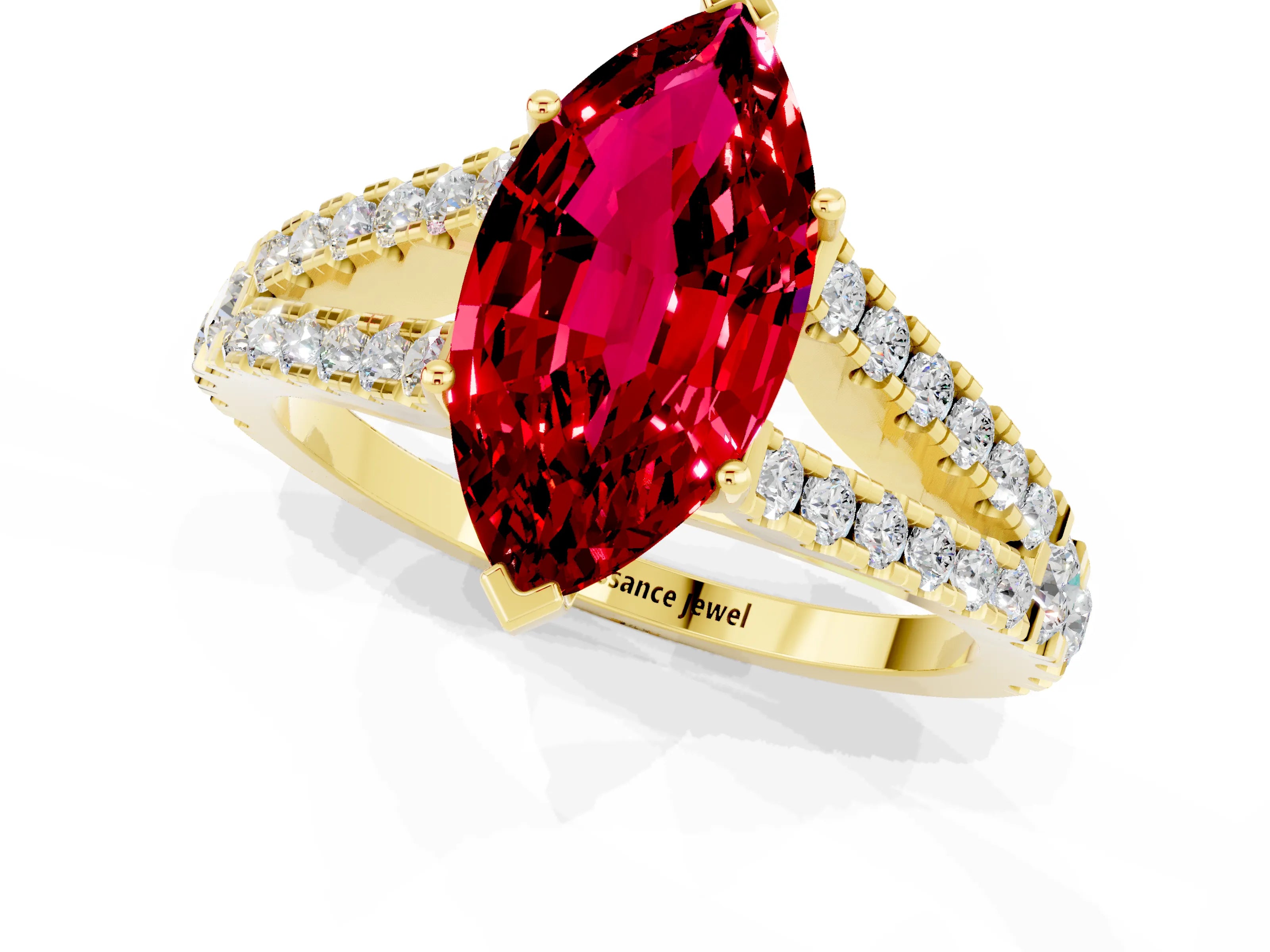 Yellow gold Marquise Cut Ruby Split Shank Pavé Engagement Ring with Four-Prong Setting_13