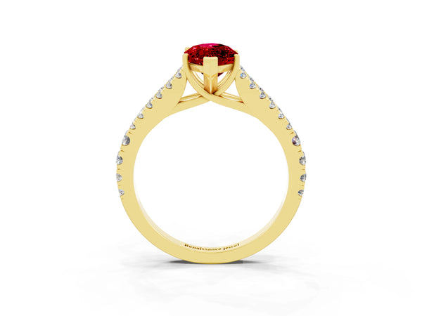 Yellow gold Marquise Cut Ruby Split Shank Pavé Engagement Ring with Four-Prong Setting