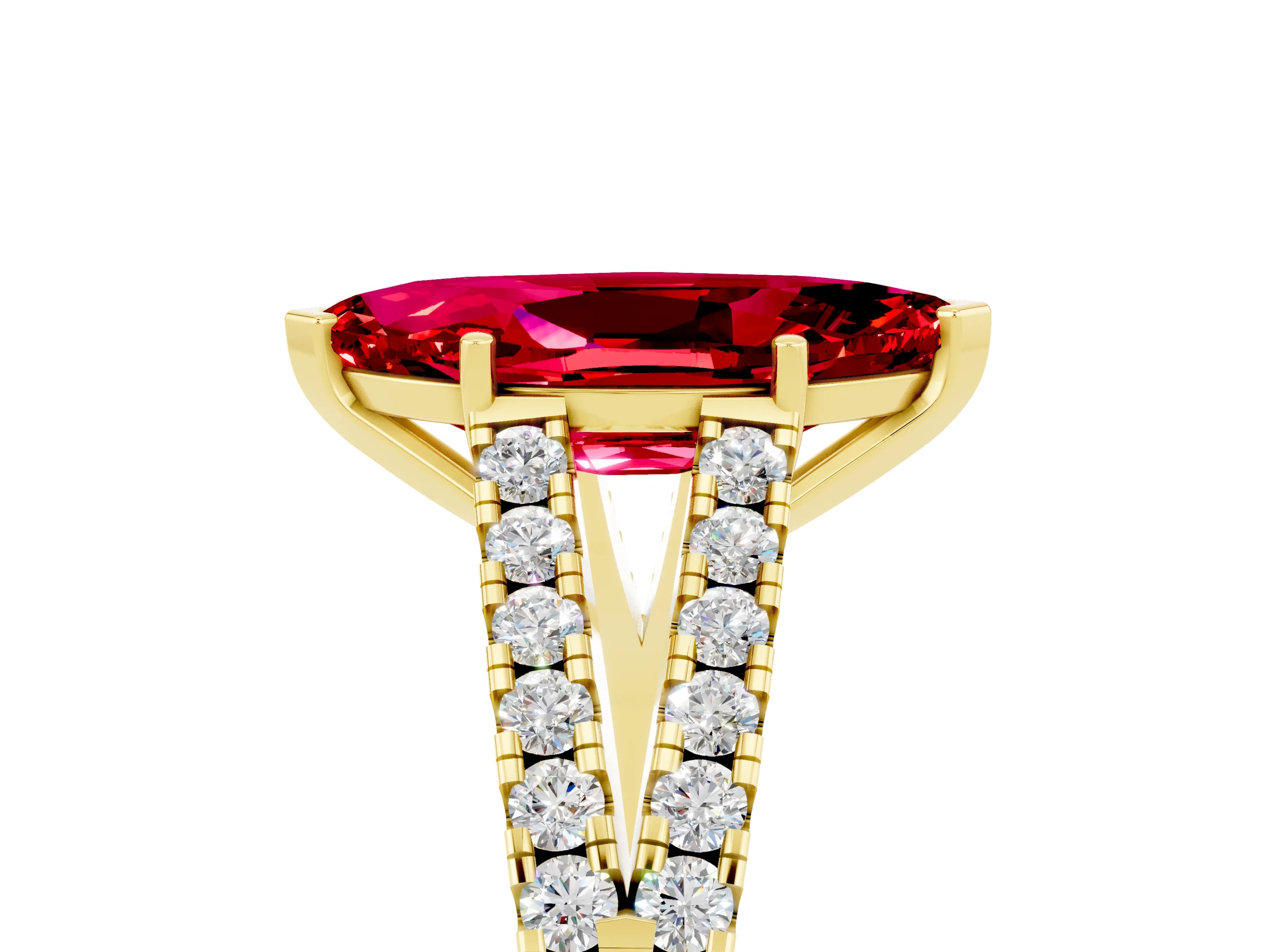 Yellow gold Marquise Cut Ruby Split Shank Pavé Engagement Ring with Four-Prong Setting_17