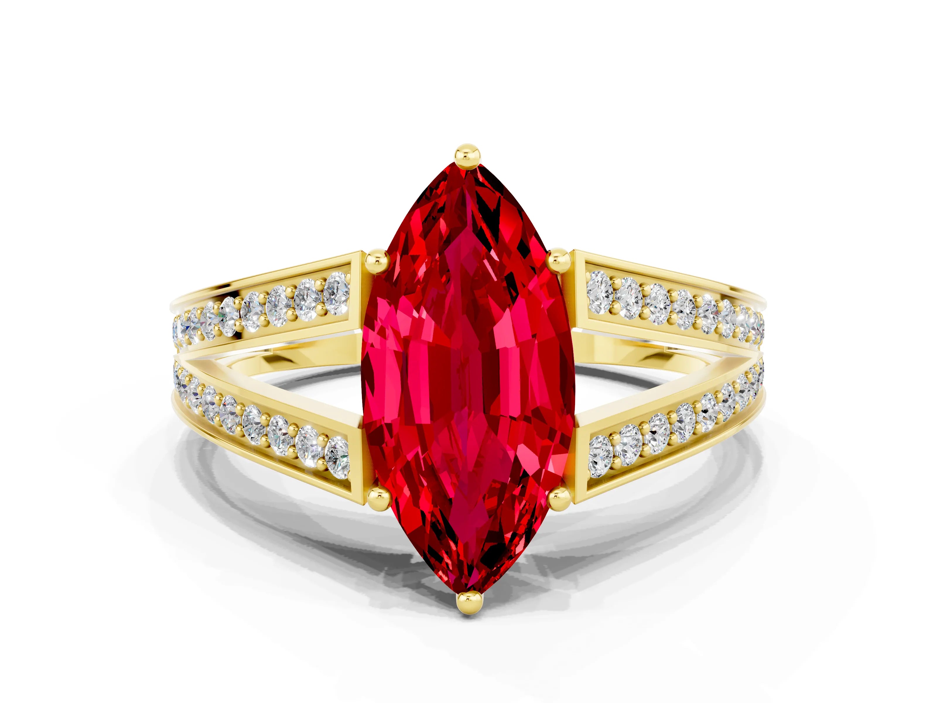 Yellow gold Marquise Cut Ruby Split Shank Ring with Pavé Band and Four-Prong Setting