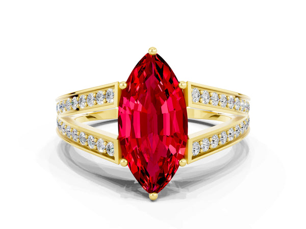 Yellow gold Marquise Cut Ruby Split Shank Ring with Pavé Band and Four-Prong Setting