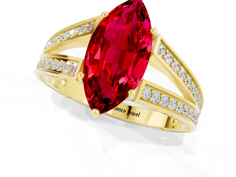 Yellow gold Marquise Cut Ruby Split Shank Ring with Pavé Band and Four-Prong Setting_1