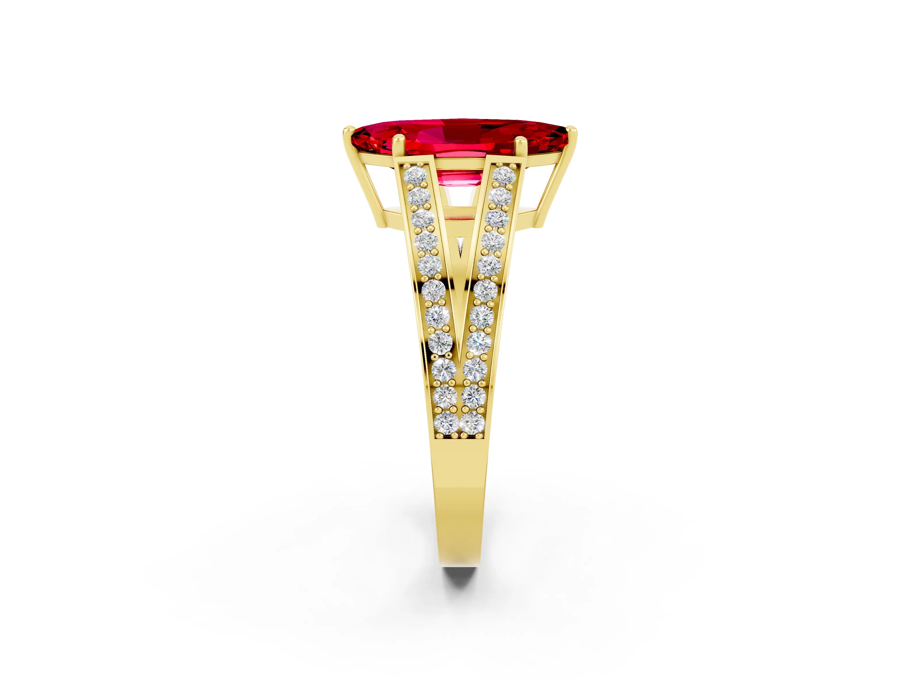 Yellow gold Marquise Cut Ruby Split Shank Ring with Pavé Band and Four-Prong Setting_2