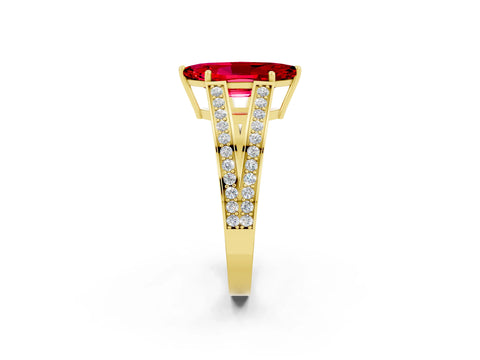 Yellow gold Marquise Cut Ruby Split Shank Ring with Pavé Band and Four-Prong Setting_2