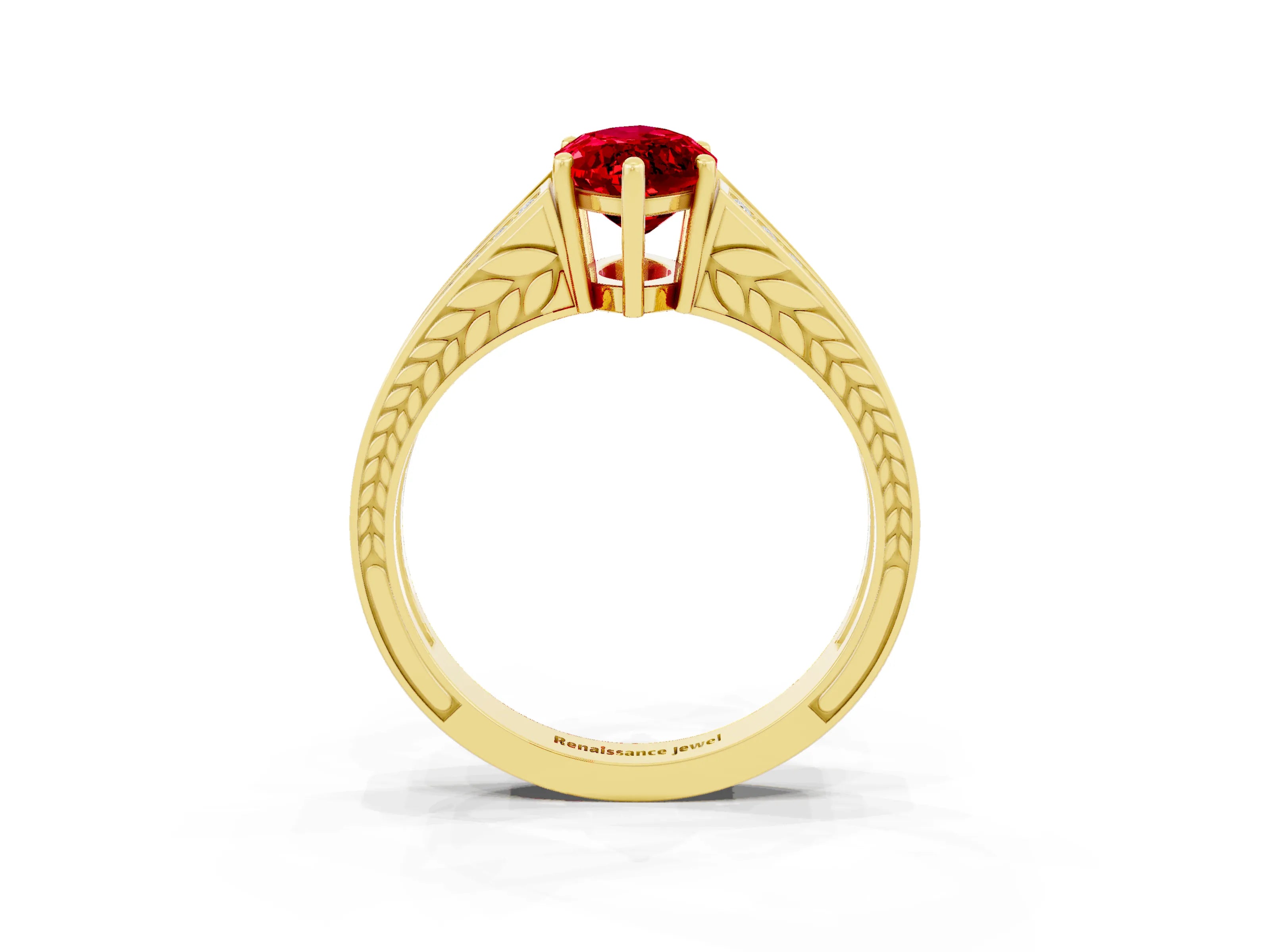 Yellow gold Marquise Cut Ruby Split Shank Ring with Pavé Band and Four-Prong Setting_3