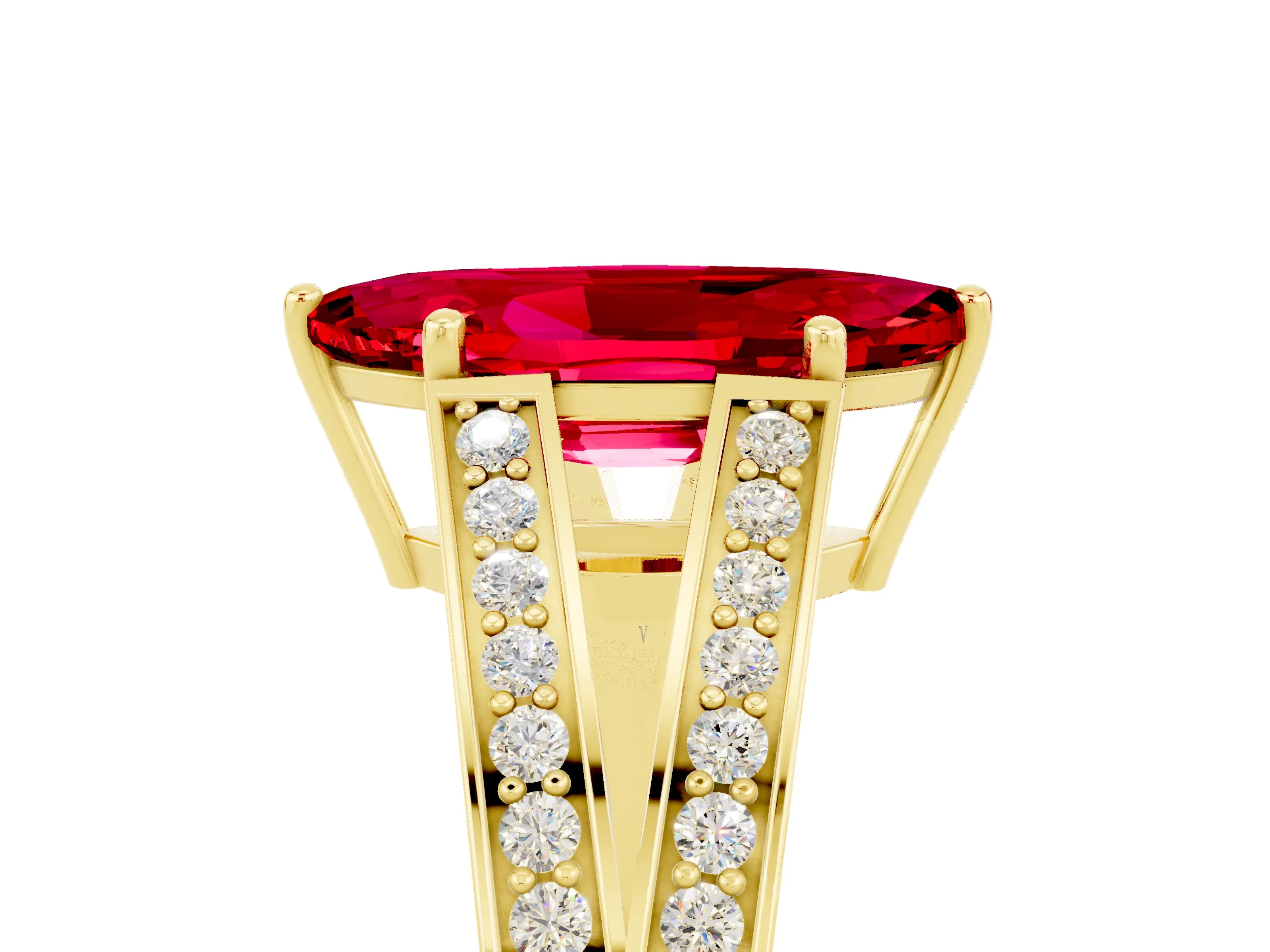 Yellow gold Marquise Cut Ruby Split Shank Ring with Pavé Band and Four-Prong Setting_5
