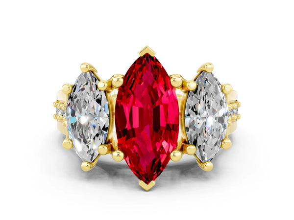 Yellow gold Marquise Cut Ruby Three-Stone Ring with Channel Set Band and Four-Prong Setting