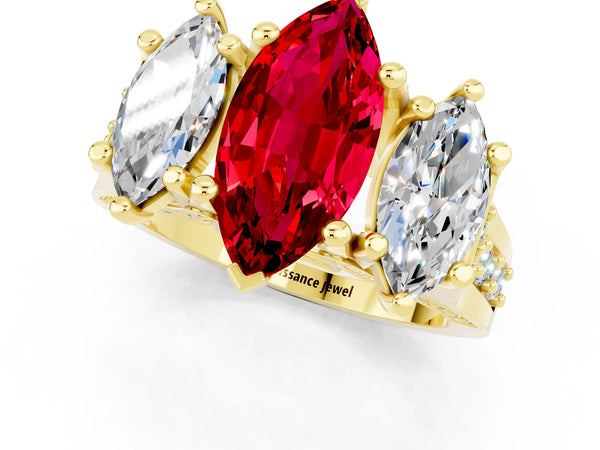 Yellow gold Marquise Cut Ruby Three-Stone Ring with Channel Set Band and Four-Prong Setting
