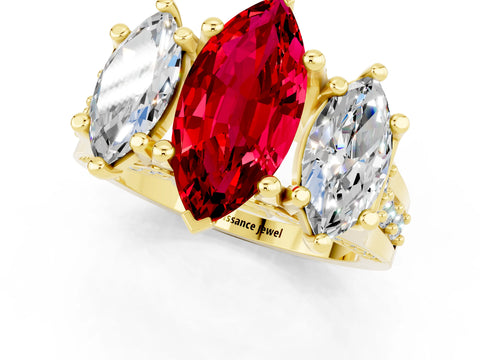 Yellow gold Marquise Cut Ruby Three-Stone Ring with Channel Set Band and Four-Prong Setting_1