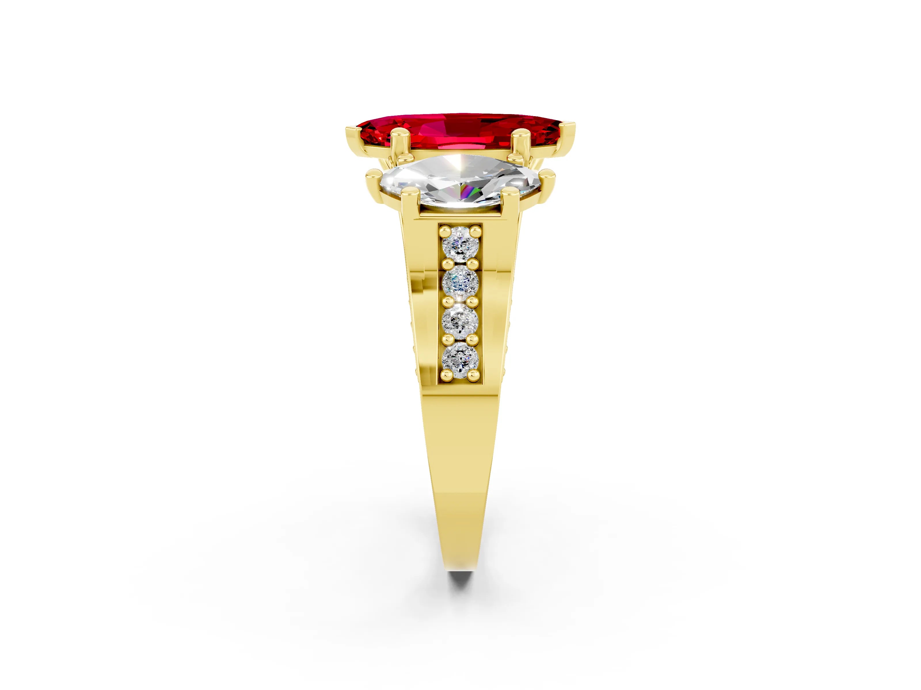 Yellow gold Marquise Cut Ruby Three-Stone Ring with Channel Set Band and Four-Prong Setting_2