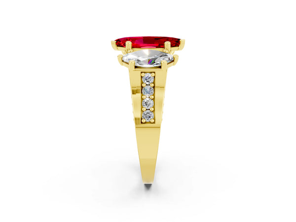 Yellow gold Marquise Cut Ruby Three-Stone Ring with Channel Set Band and Four-Prong Setting