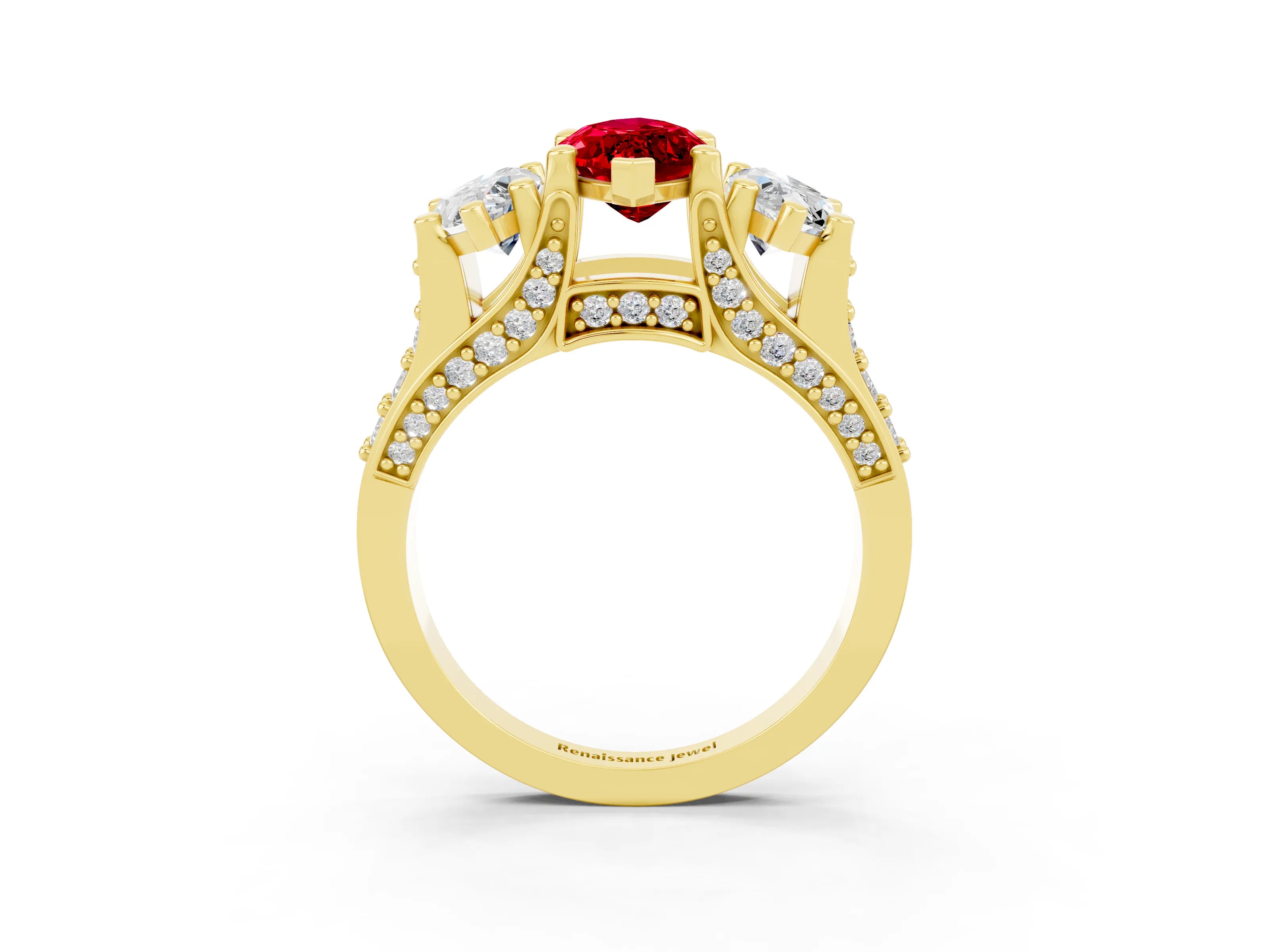Yellow gold Marquise Cut Ruby Three-Stone Ring with Channel Set Band and Four-Prong Setting_3