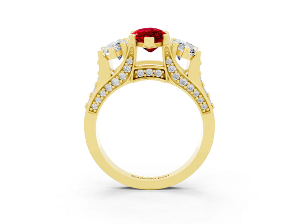 Yellow gold Marquise Cut Ruby Three-Stone Ring with Channel Set Band and Four-Prong Setting