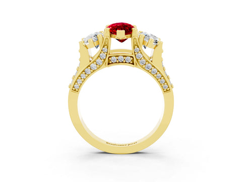 Yellow gold Marquise Cut Ruby Three-Stone Ring with Channel Set Band and Four-Prong Setting_3