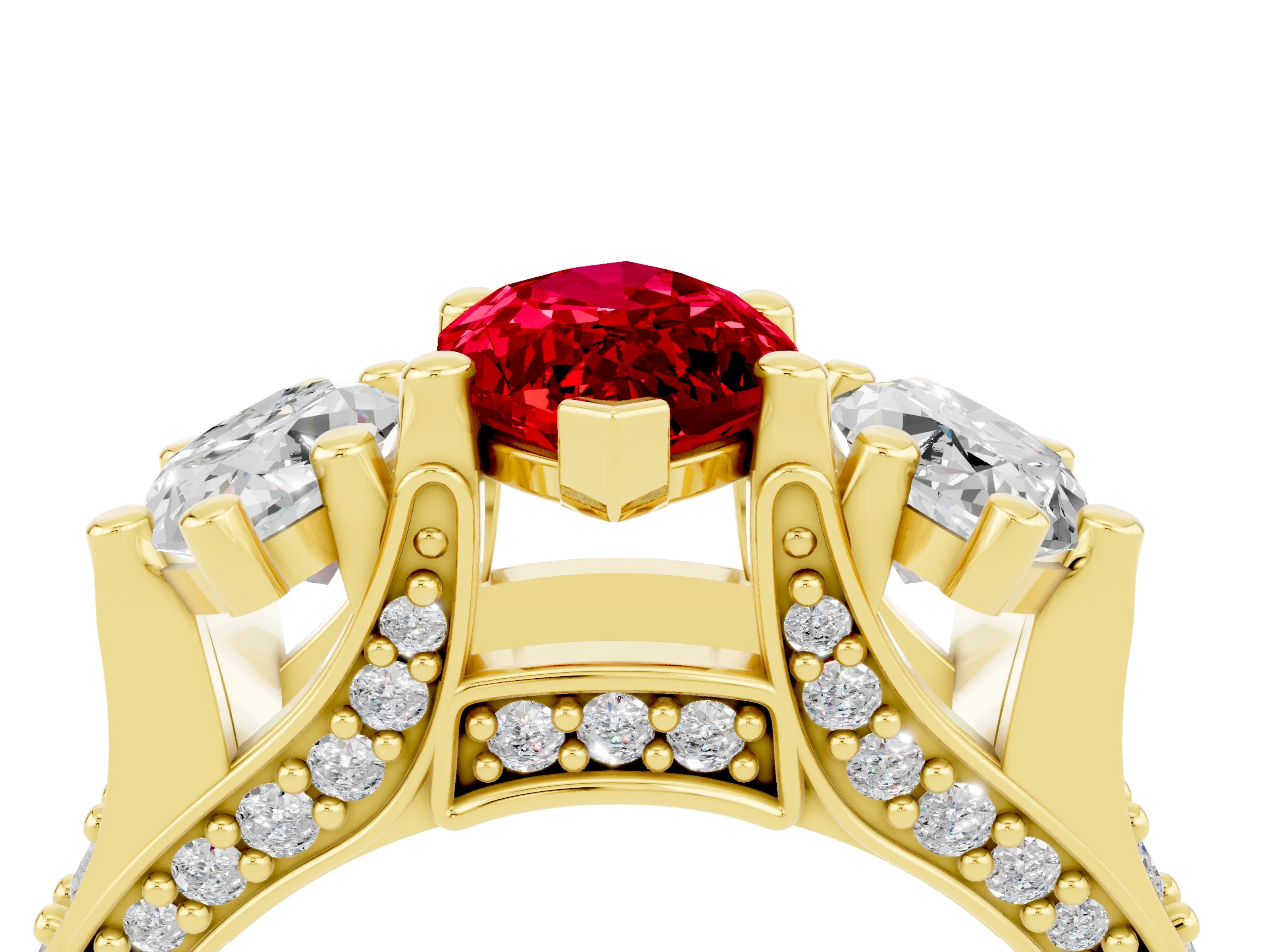 Yellow gold Marquise Cut Ruby Three-Stone Ring with Channel Set Band and Four-Prong Setting_4
