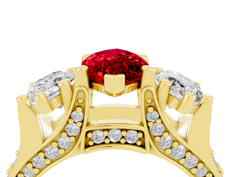 Yellow gold Marquise Cut Ruby Three-Stone Ring with Channel Set Band and Four-Prong Setting_4