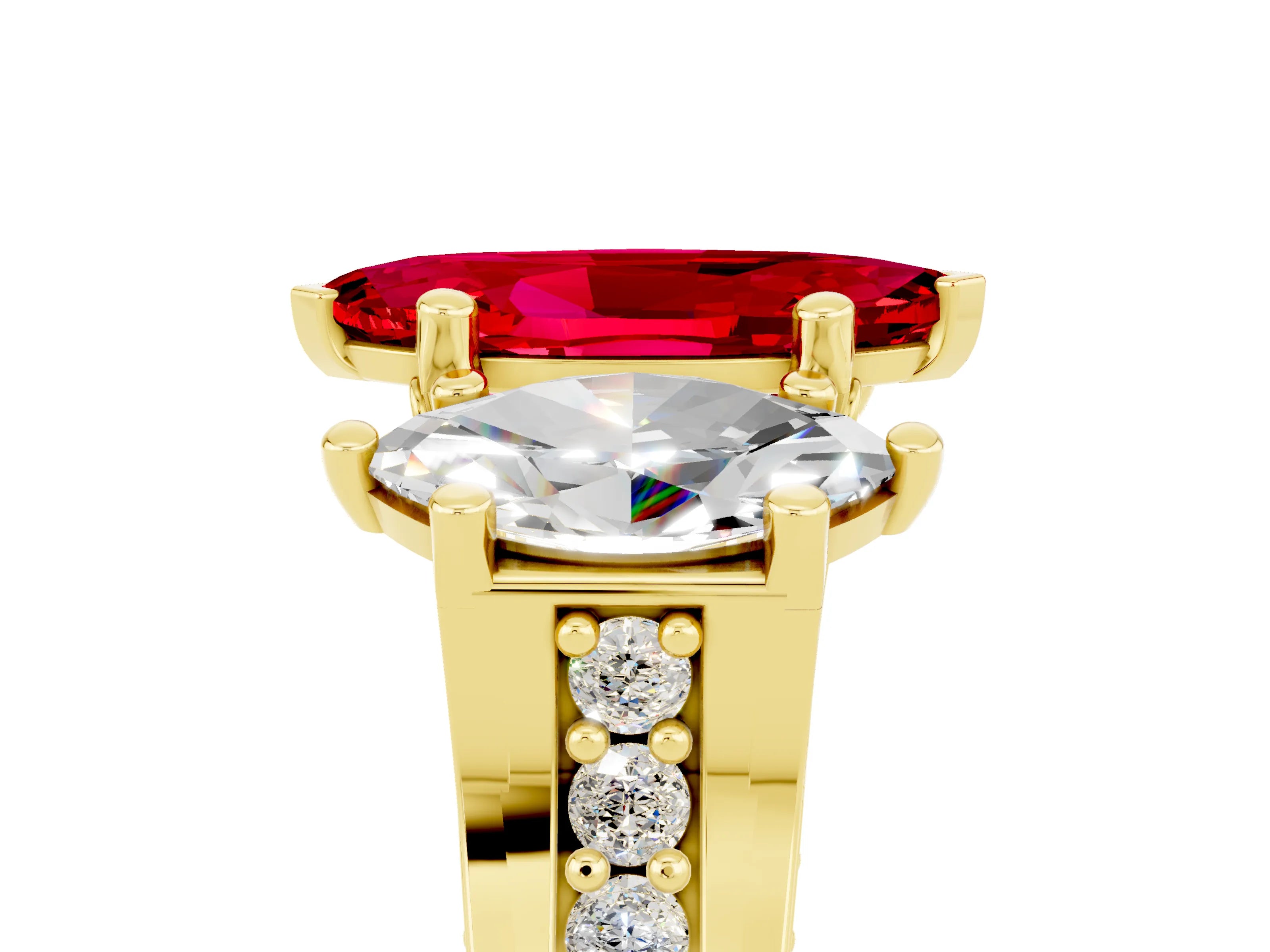 Yellow gold Marquise Cut Ruby Three-Stone Ring with Channel Set Band and Four-Prong Setting_5