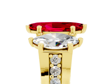 Yellow gold Marquise Cut Ruby Three-Stone Ring with Channel Set Band and Four-Prong Setting_5