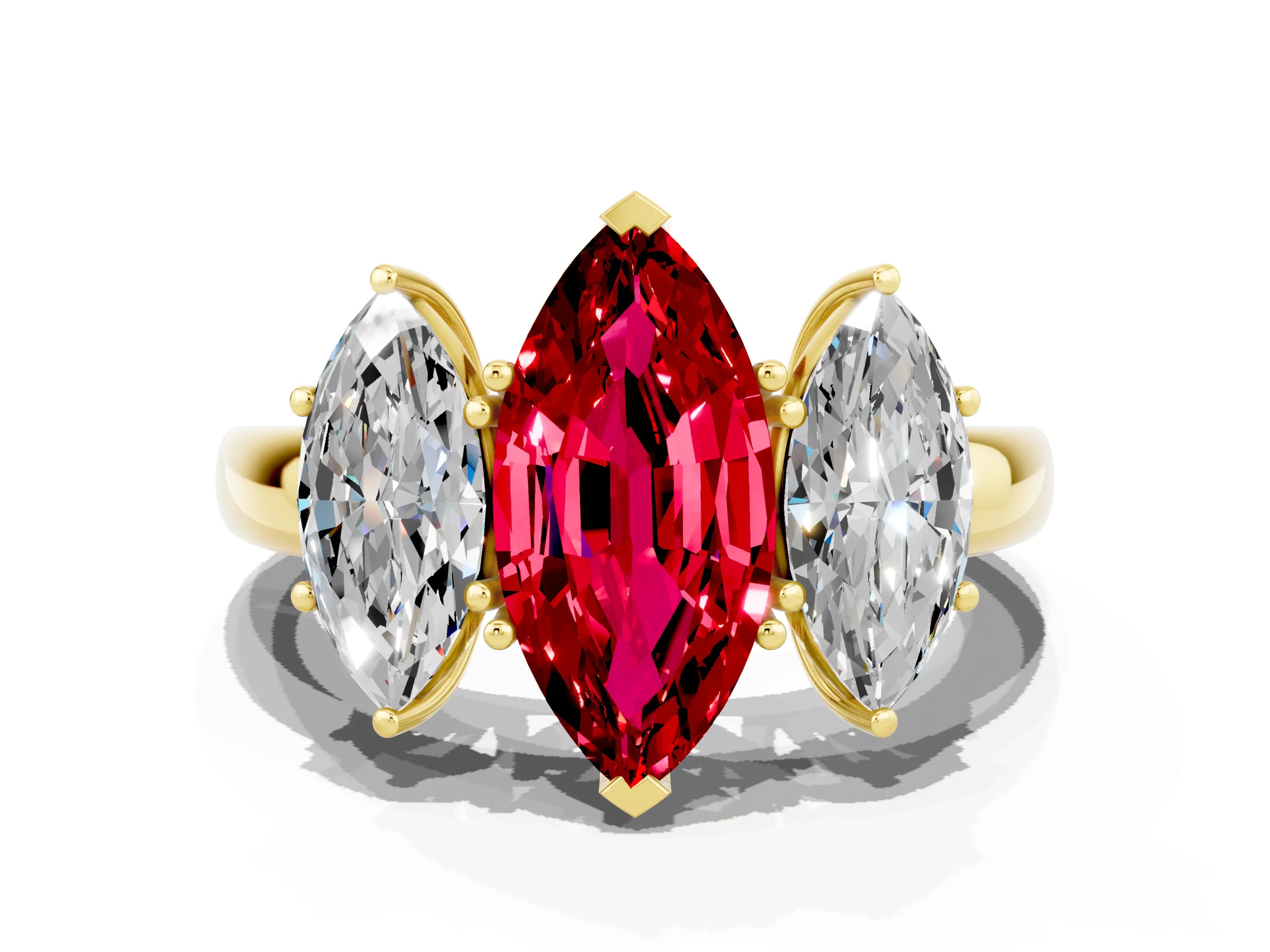 Yellow gold Marquise Cut Ruby Three-Stone Ring with Four-Prong Setting and Classic Band