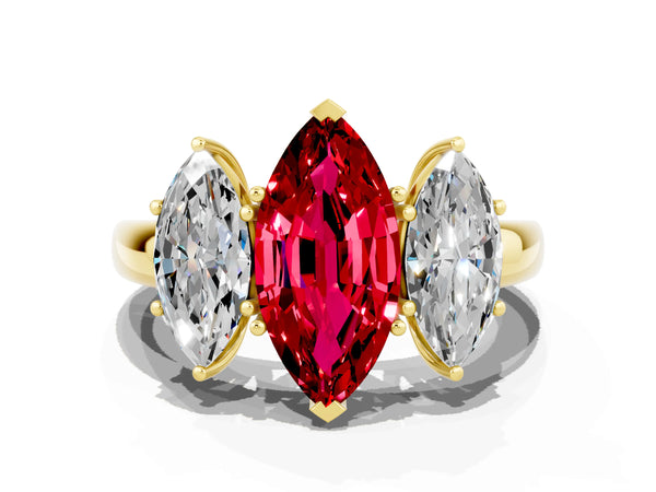 Yellow gold Marquise Cut Ruby Three-Stone Ring with Four-Prong Setting and Classic Band