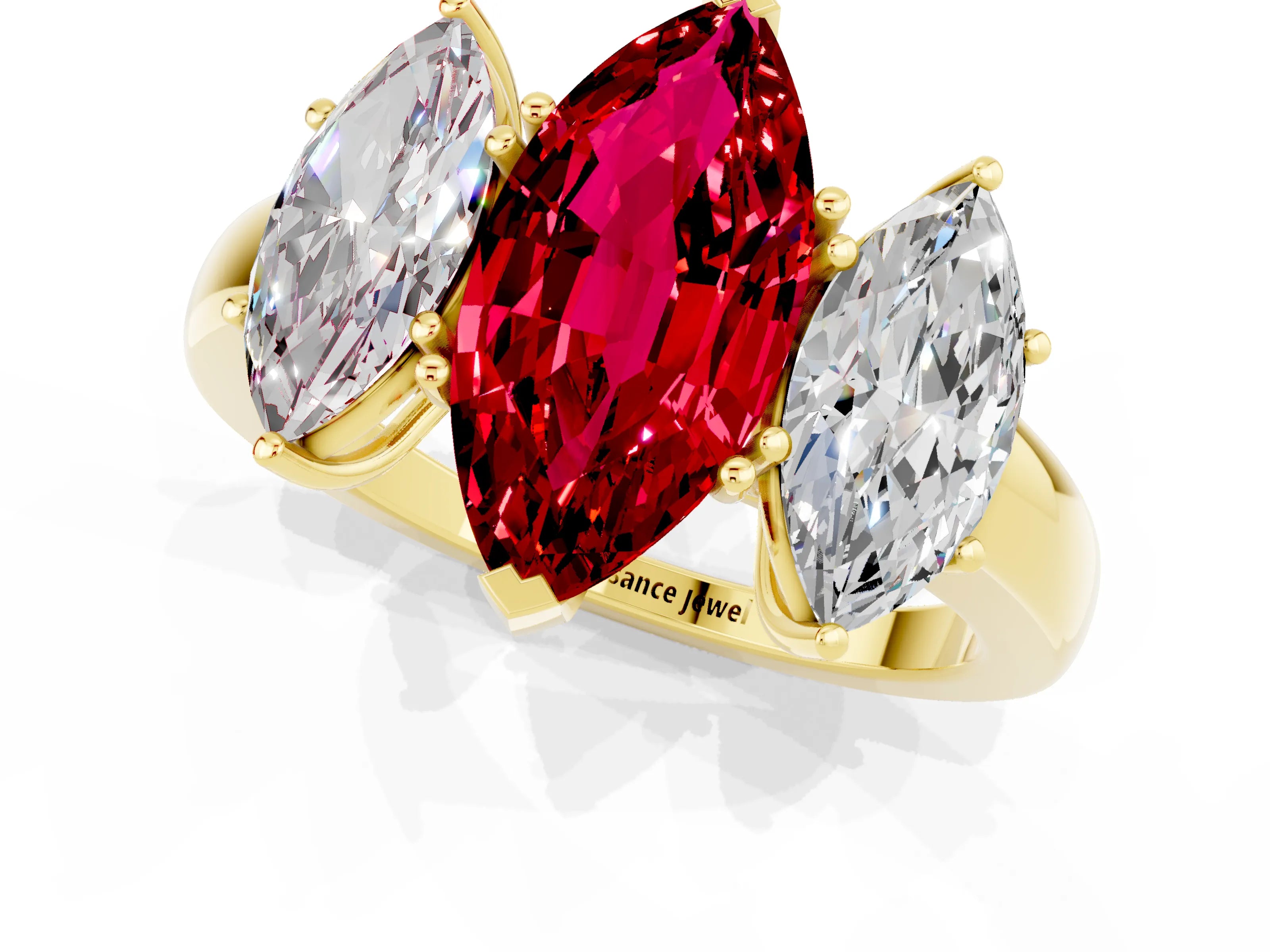 Yellow gold Marquise Cut Ruby Three-Stone Ring with Four-Prong Setting and Classic Band_1