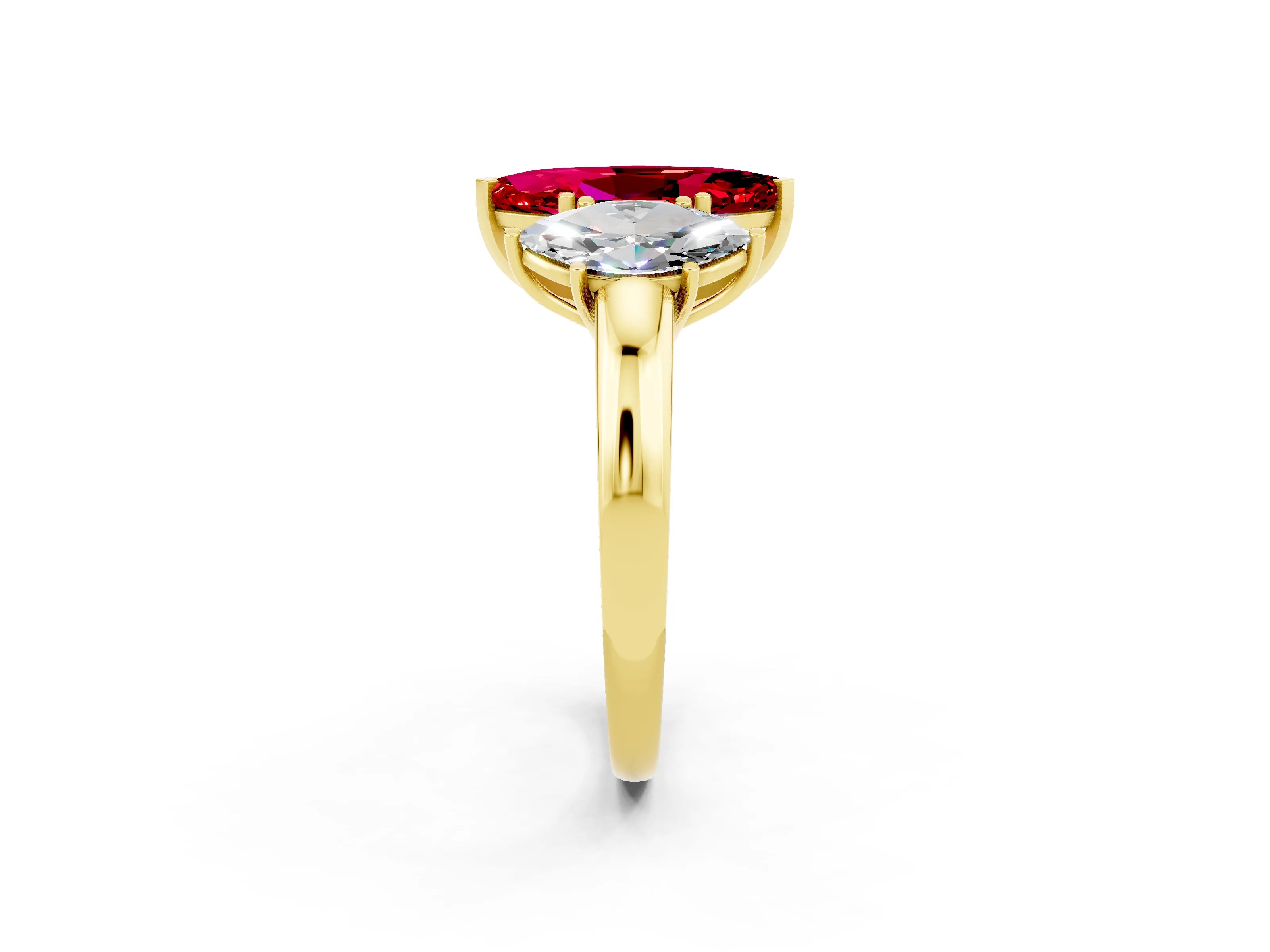 Yellow gold Marquise Cut Ruby Three-Stone Ring with Four-Prong Setting and Classic Band_2
