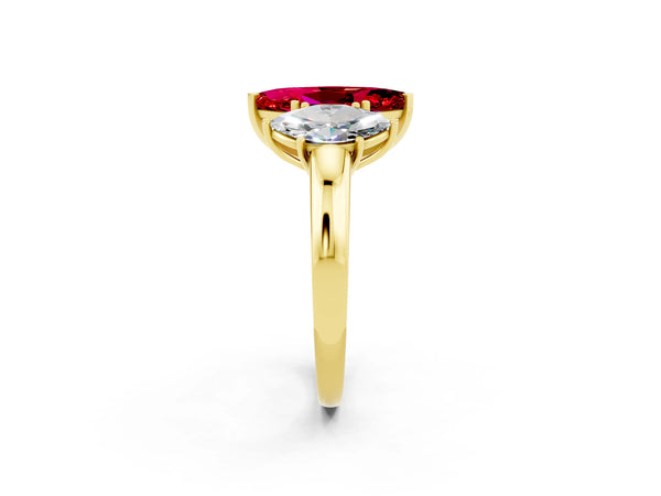 Yellow gold Marquise Cut Ruby Three-Stone Ring with Four-Prong Setting and Classic Band