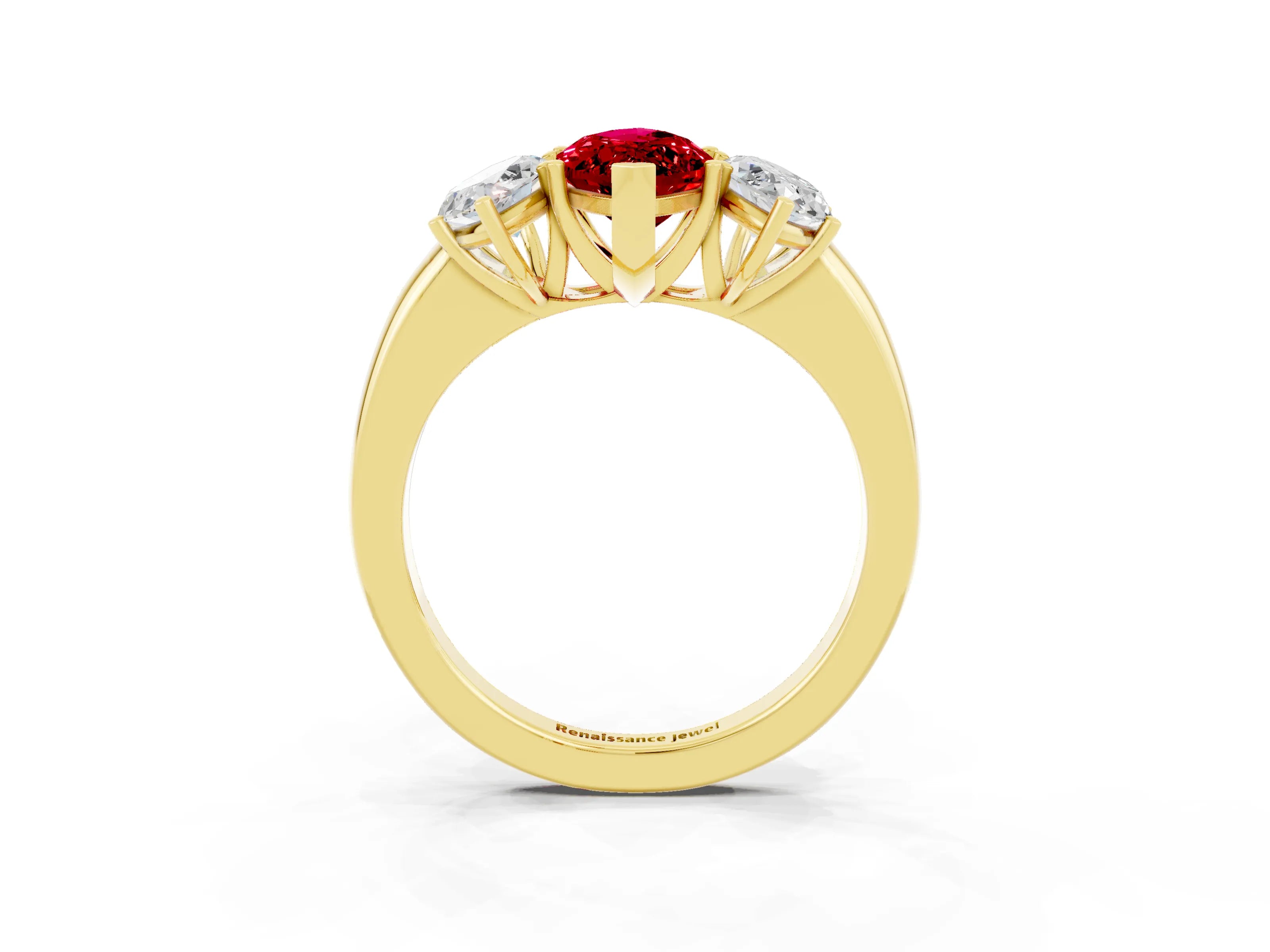 Yellow gold Marquise Cut Ruby Three-Stone Ring with Four-Prong Setting and Classic Band_3