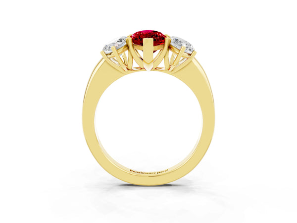 Yellow gold Marquise Cut Ruby Three-Stone Ring with Four-Prong Setting and Classic Band