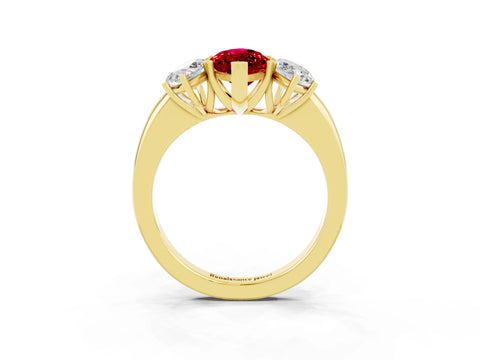 Yellow gold Marquise Cut Ruby Three-Stone Ring with Four-Prong Setting and Classic Band_3