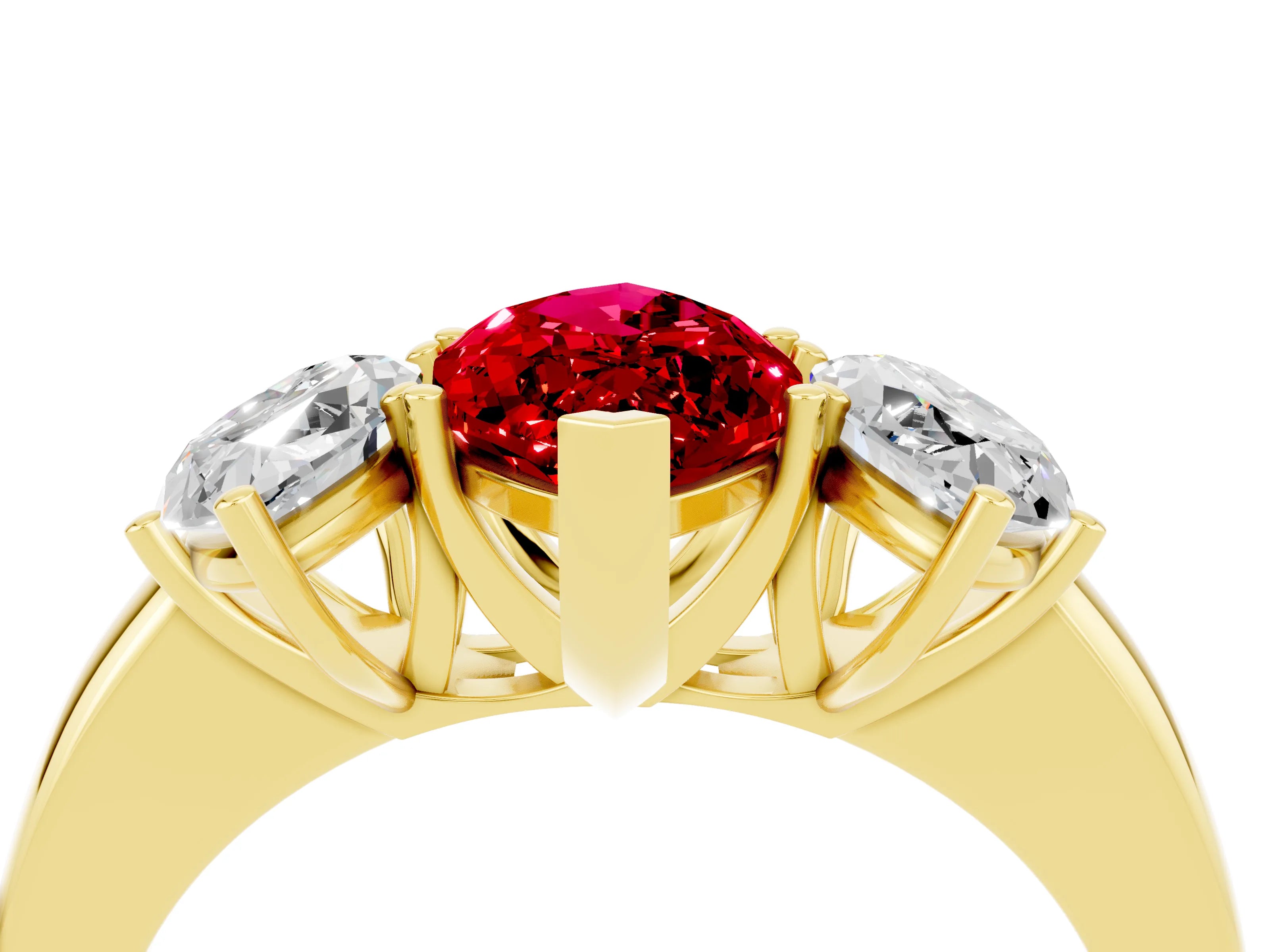 Yellow gold Marquise Cut Ruby Three-Stone Ring with Four-Prong Setting and Classic Band_4