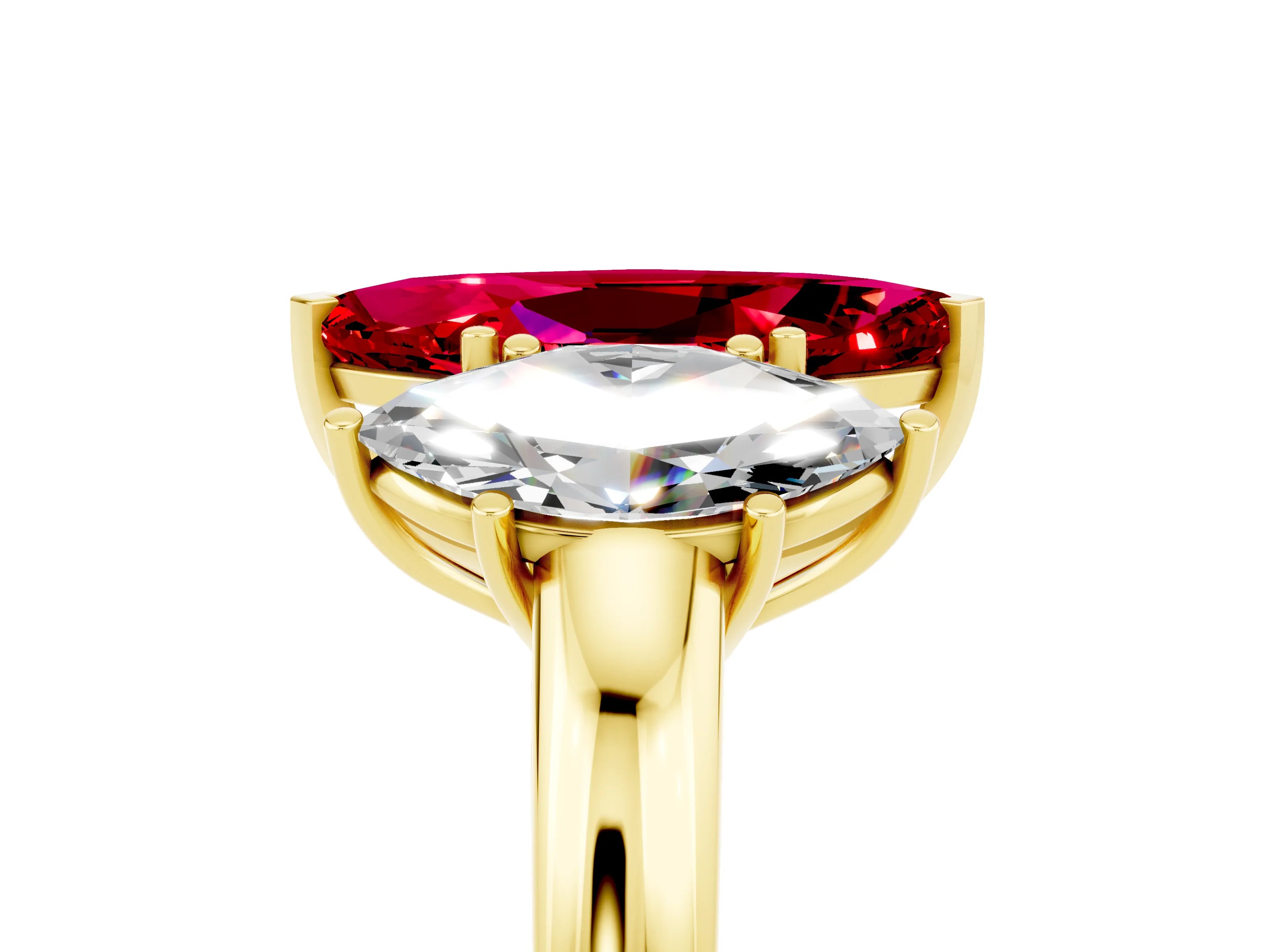 Yellow gold Marquise Cut Ruby Three-Stone Ring with Four-Prong Setting and Classic Band_5