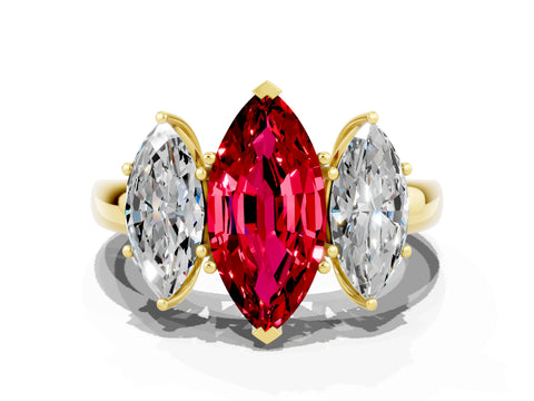 Yellow gold Marquise Cut Ruby Three-Stone Ring with Four-Prong Setting and Classic Band