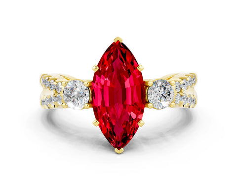 Yellow gold Marquise Cut Ruby Three-Stone Ring with Pavé Split Shank and Four-Prong Setting_12