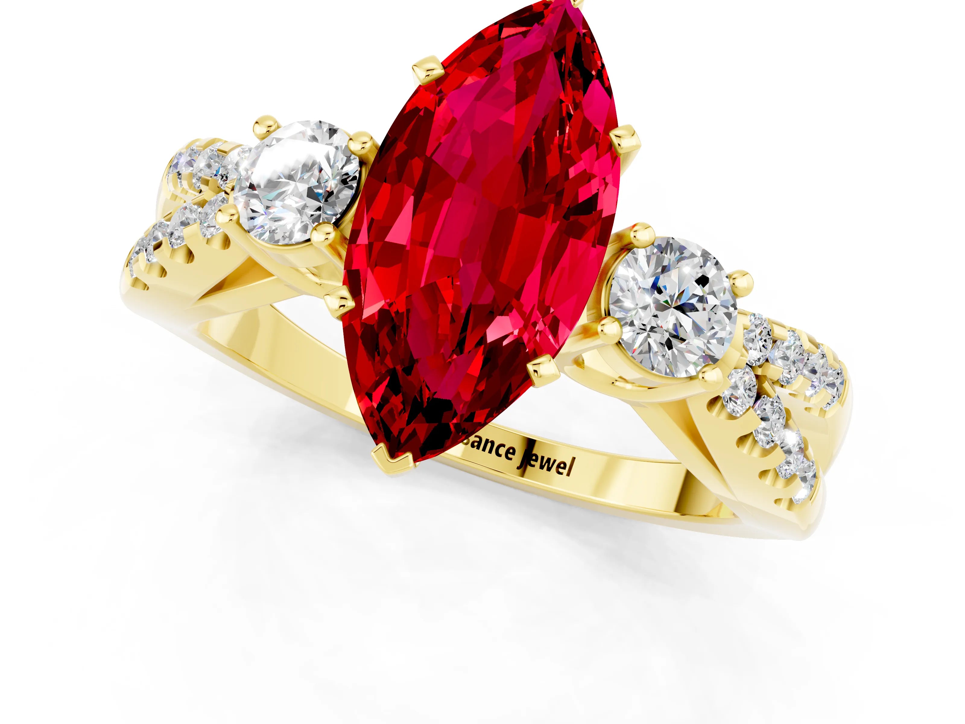 Yellow gold Marquise Cut Ruby Three-Stone Ring with Pavé Split Shank and Four-Prong Setting_13