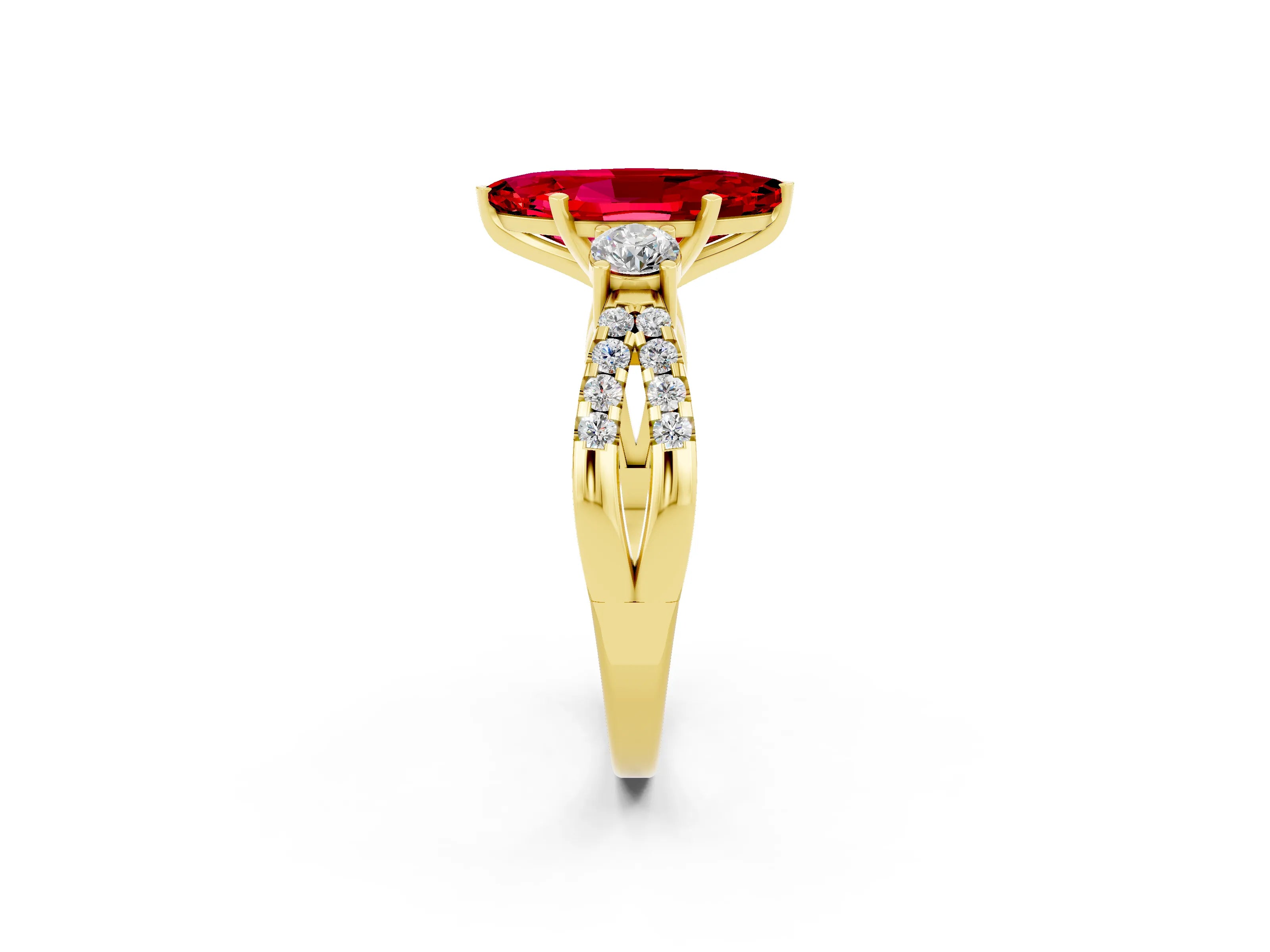 Yellow gold Marquise Cut Ruby Three-Stone Ring with Pavé Split Shank and Four-Prong Setting_14