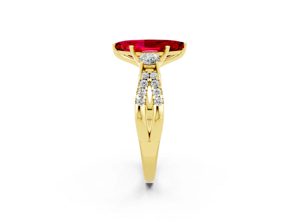 Yellow gold Marquise Cut Ruby Three-Stone Ring with Pavé Split Shank and Four-Prong Setting
