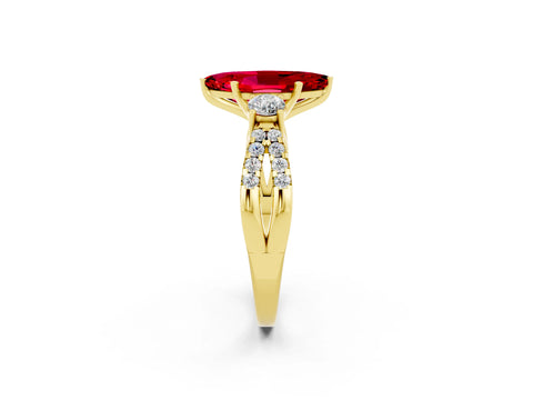 Yellow gold Marquise Cut Ruby Three-Stone Ring with Pavé Split Shank and Four-Prong Setting_14